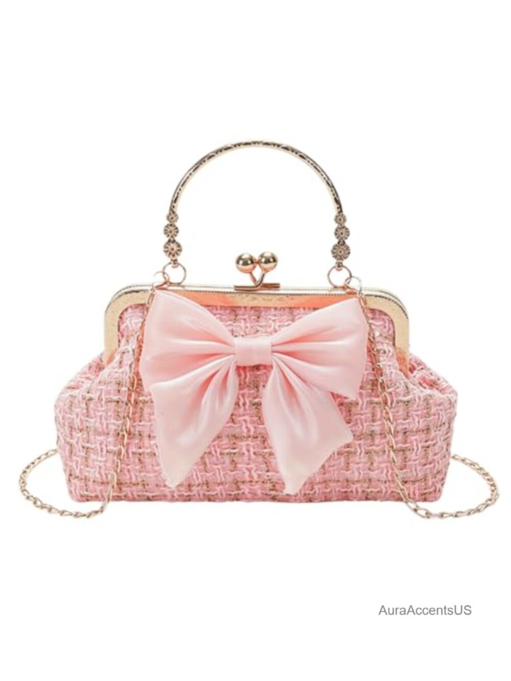 Vintage Bow Purse Ornate Top Handle Detachable Chain Strap Shoulder Bag
